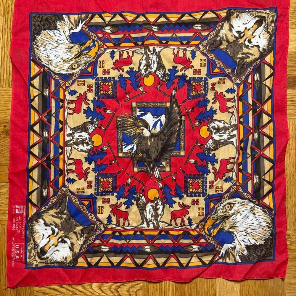 Vintage Paris Accessories Bald Eagle Wolf Southwestern Bandana USA